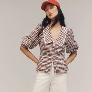 Maeve Gingham Peter Pan Collar Puff Sleeve Blouse sz S NWT